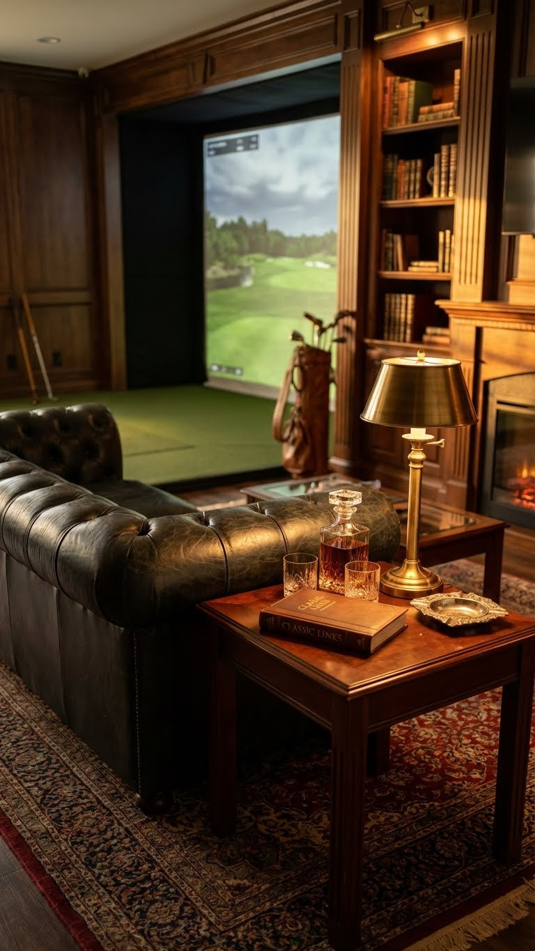 Luxurious Gentleman'S Golf Simulator Lounge With Leather Sofa, Mahogany Table, Antique Lamp, And Golf Course Display.