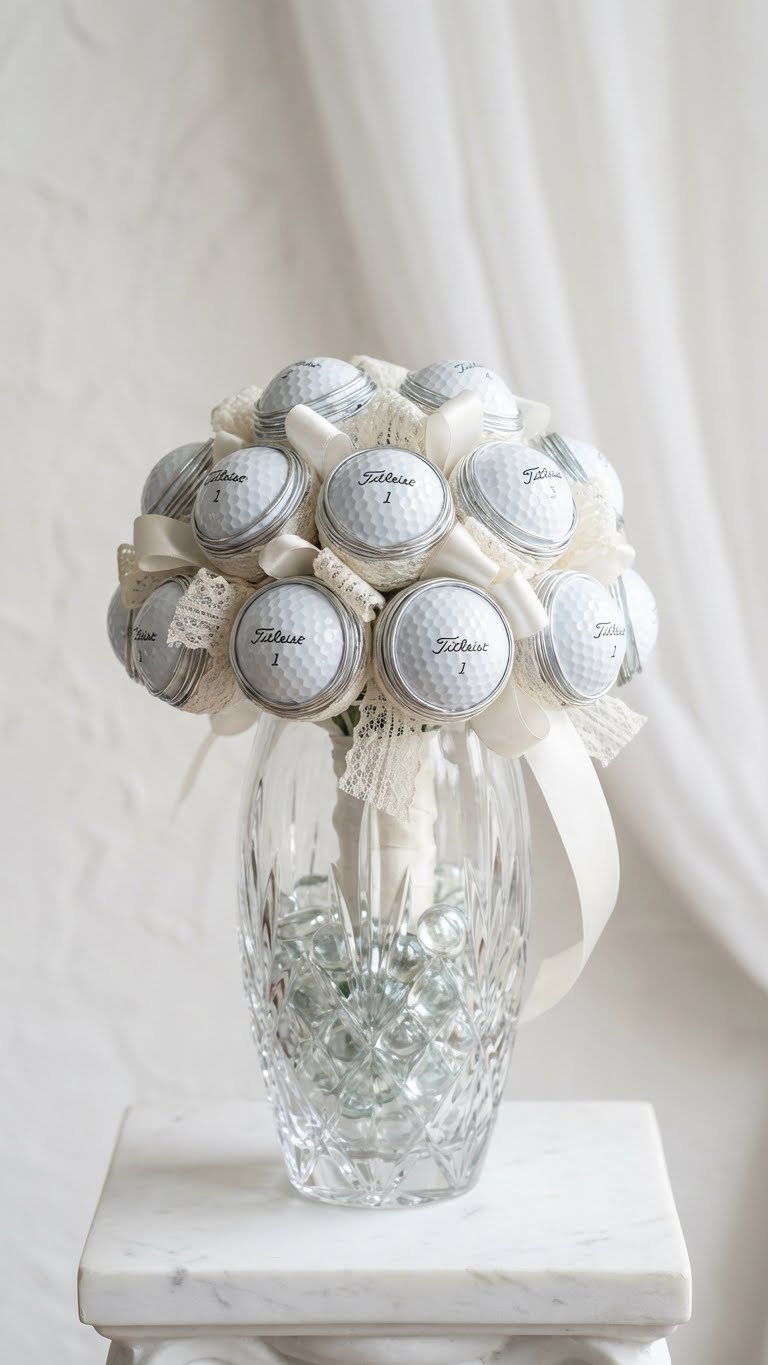 Unique Decorated Golf Ball Bouquet: Easy Diy Gift For Golfers Luxurious Golf Ball Bouquet With Titleist Pro V1S On Silver Wire, Satin Ribbon, Lace, In A Crystal Vase. Elegant Golf Gift Decor.