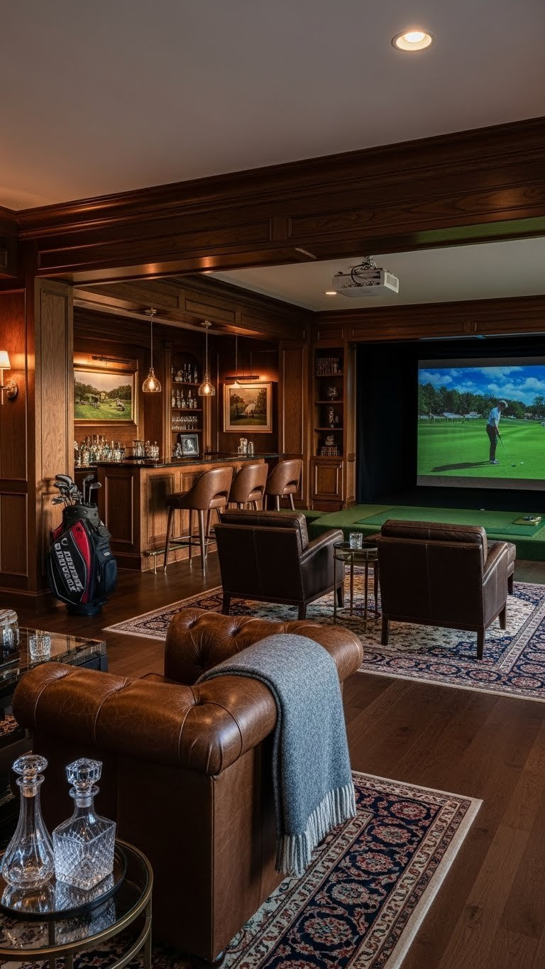 Luxurious Golf Lounge With Dark Wood Paneling, Plush Leather Seating, Custom Bar Area, And Integrated Simulator Screen