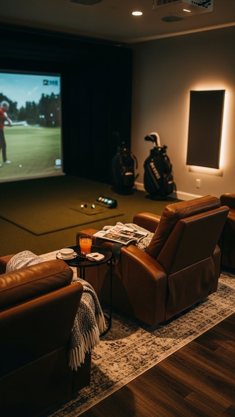 Luxurious Golf Simulator Room Featuring Plush Leather Recliners Positioned For Optimal Screen Viewing
