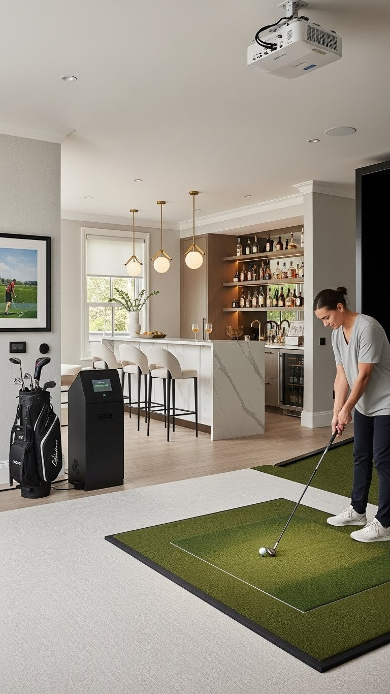 Luxurious Golf Simulator Room With Integrated Wet Bar Showing Golfer Swinging At High-Definition Impact Screen In Warm, Sophisticated Interior
