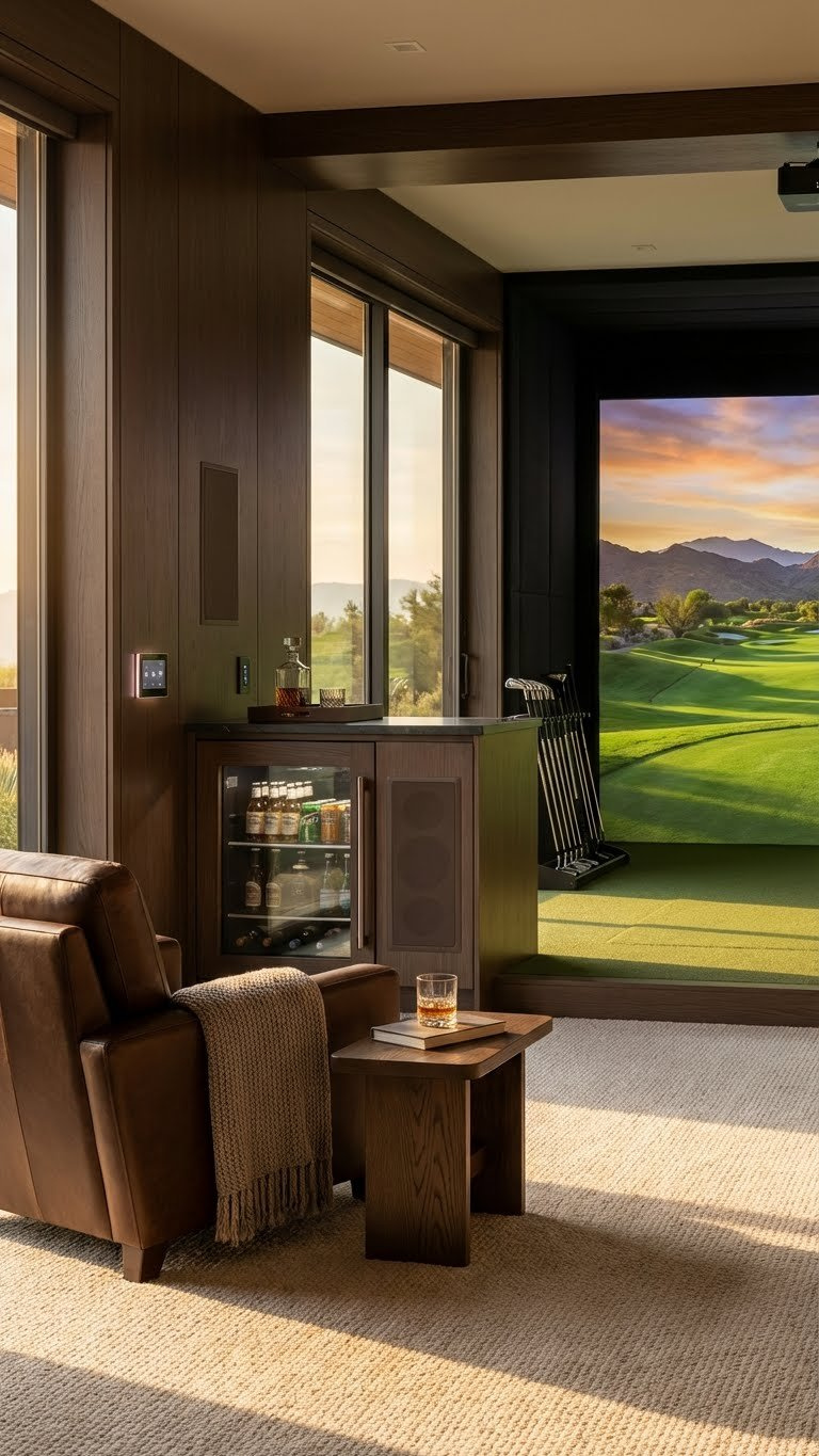 Luxurious Golf Simulator Room With Seating, Mini-Fridge, Sound System, And A Virtual Course, Ideal For A Premium Home Golf Experience.