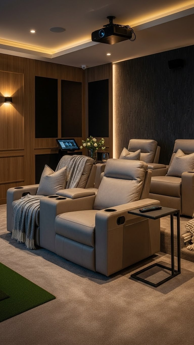 Luxurious Golf Simulator Theater Room With Plush Home Theater Seating And Custom Masking Systems