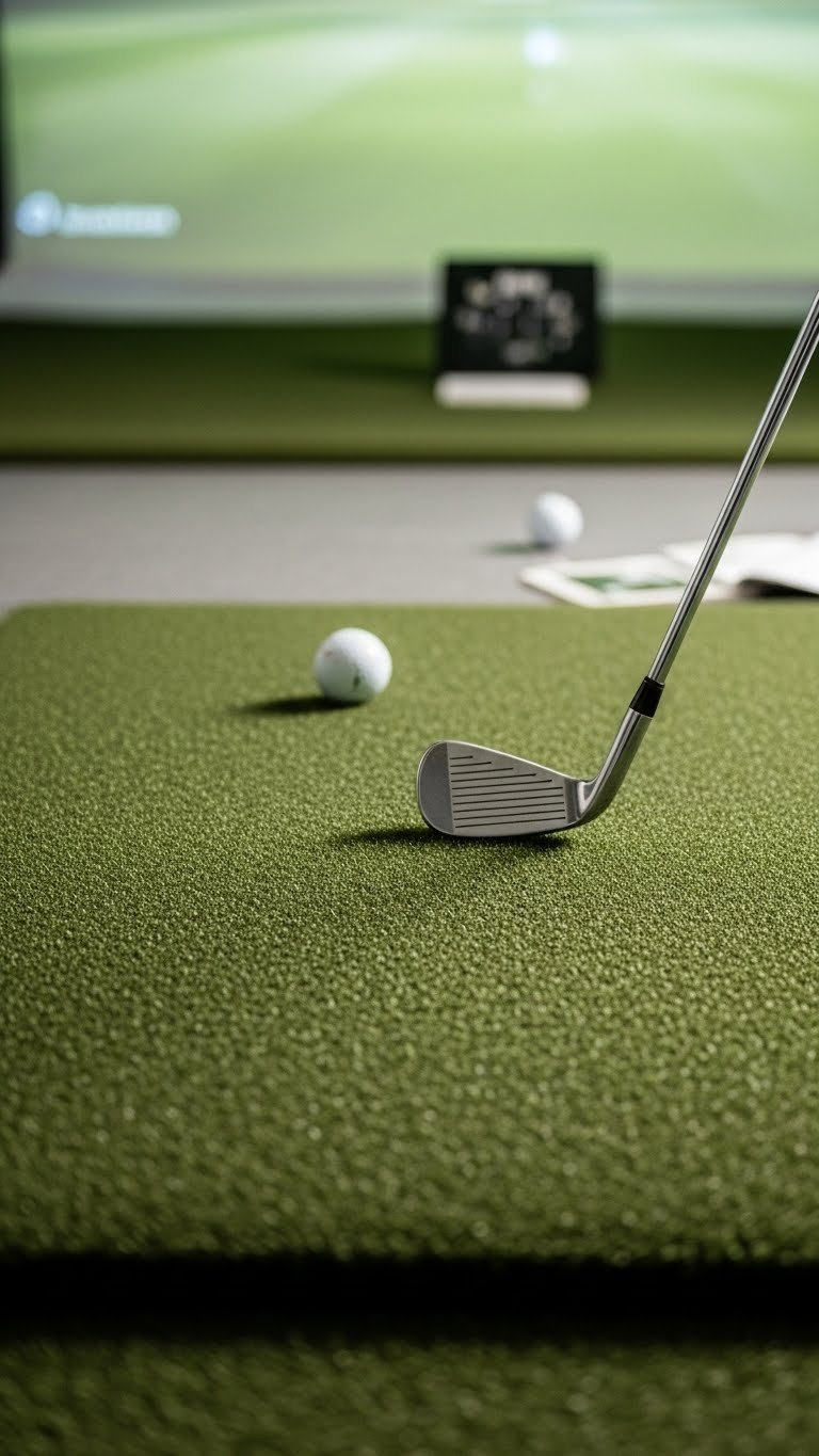 Luxurious Green Artificial Turf Hitting Mat With Golf Iron Resting On Surface In Minimalist Golf Simulator Room Setup