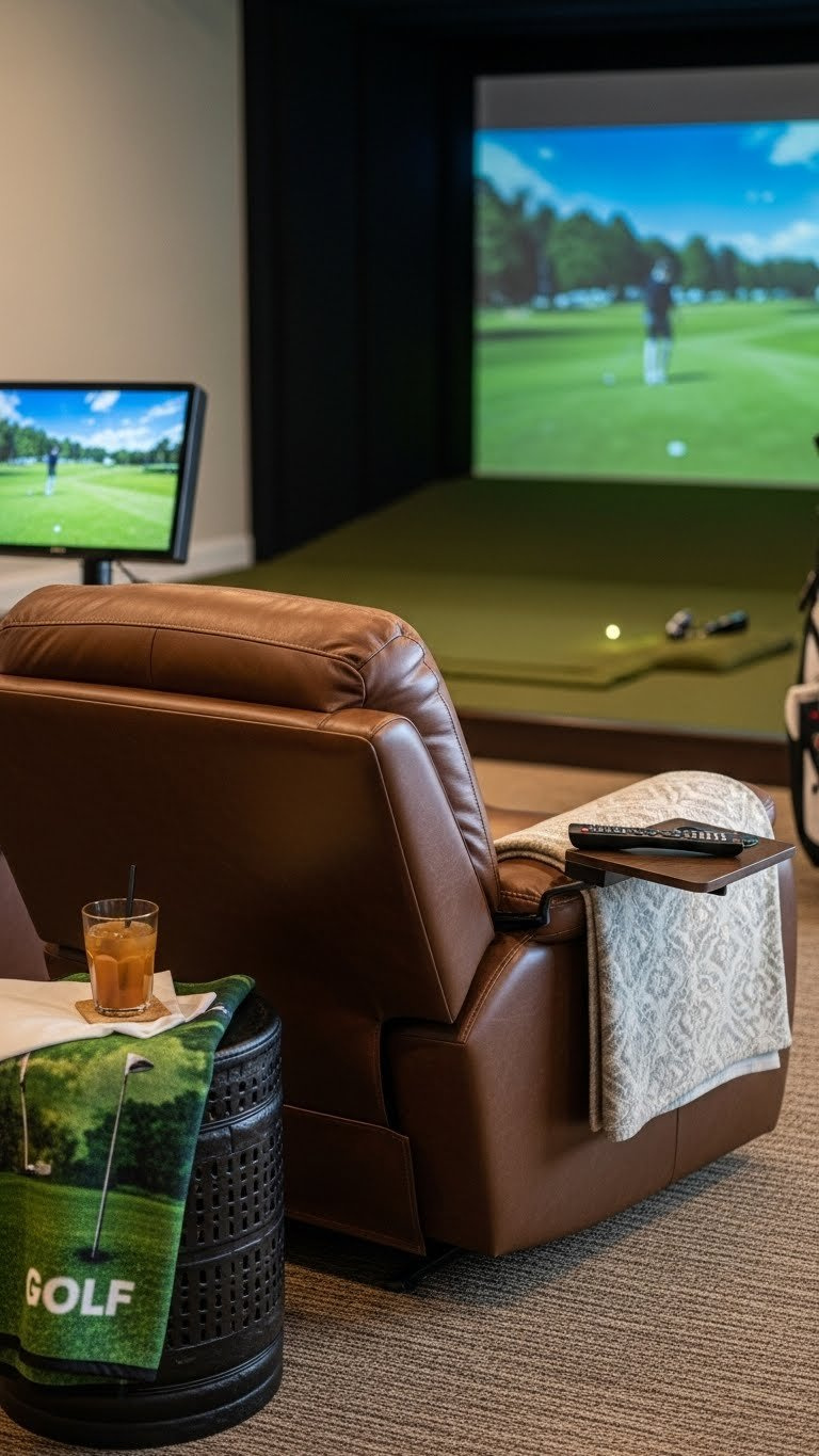 Luxurious Leather Recliner Positioned For Optimal Viewing In A Sophisticated Golf Simulator Room With Plush Carpet And Ambient Natural Lighting