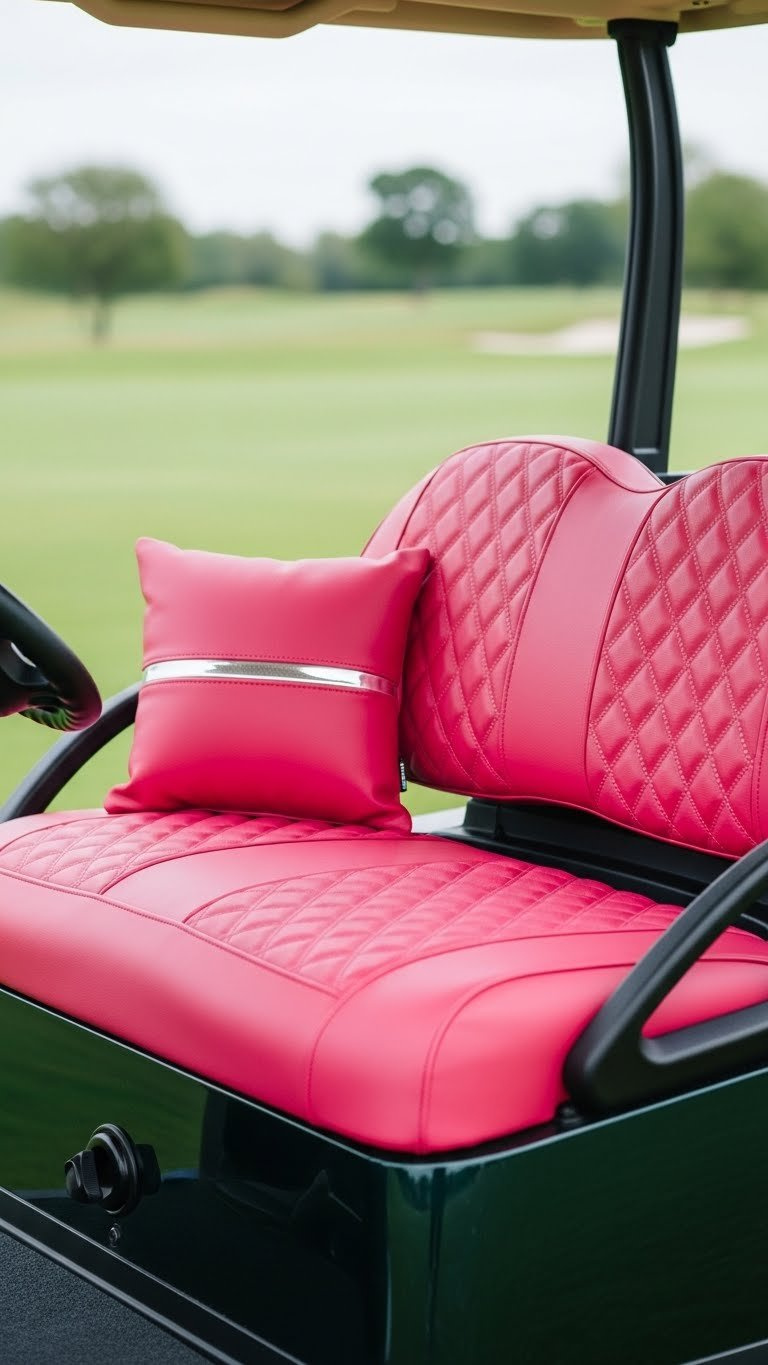 Luxurious Pink Custom Golf Cart Seat Upholstery With Diamond Stitching In Elegant Golf Course Setting