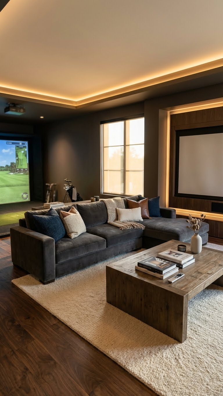 7 Spectator Seating Ideas For Your Home Golf Simulator Room Luxurious Sectional Sofa And Coffee Table Create A Versatile Media Lounge, Elegantly Transitioning Into A Sophisticated Home Golf Simulator Room.