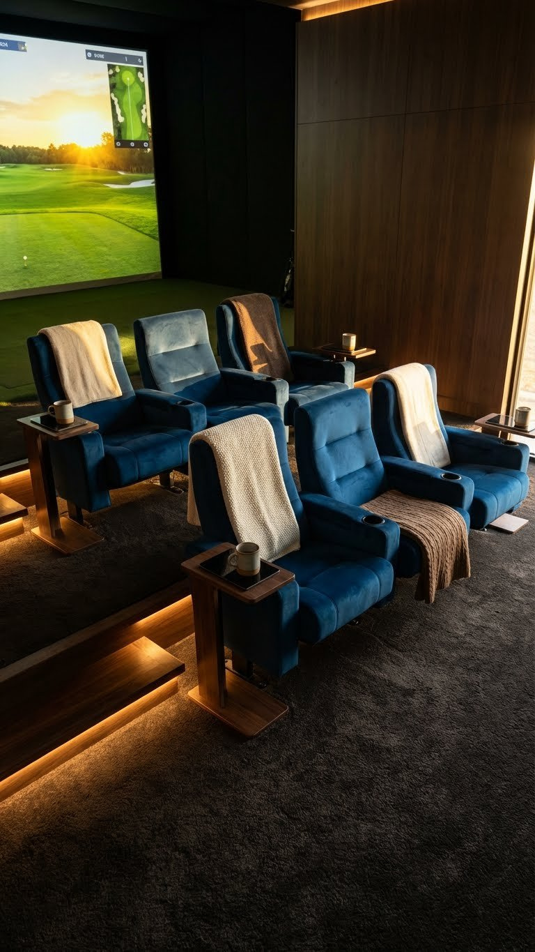 7 Spectator Seating Ideas For Your Home Golf Simulator Room Luxurious Two-Tiered Stadium Seating With Plush Cinema Chairs And Led Lighting Offers An Immersive Viewing Experience In A Home Golf Simulator Room.