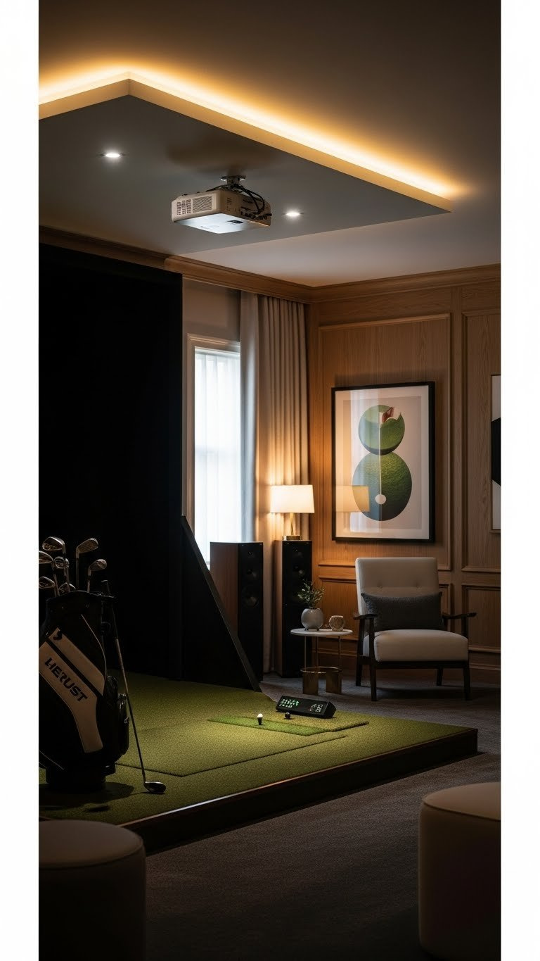 Luxuriously Designed Home Golf Simulator Room With Soft Overhead Lighting, Led Accents, And Elegant Minimalist Decor.