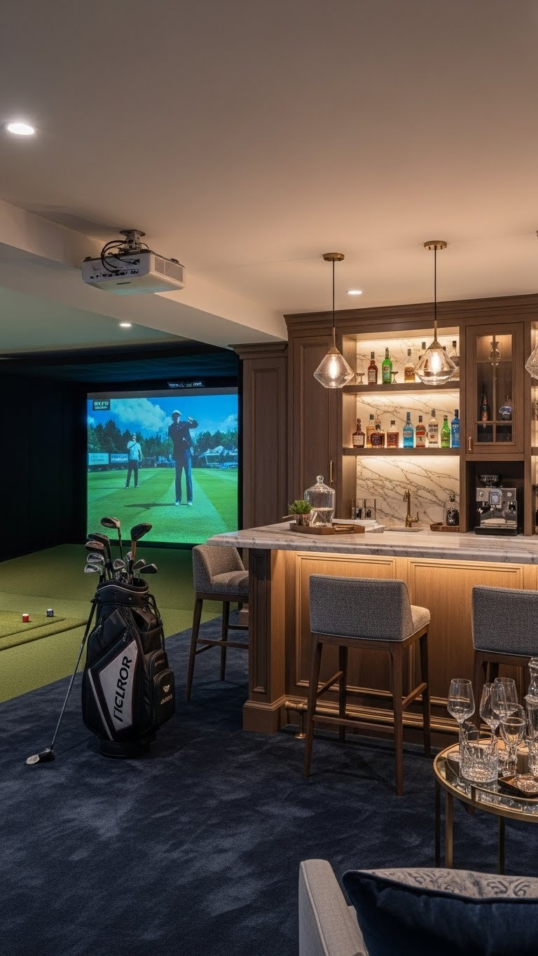 Luxury Basement Golf Lounge With High-End Simulator, Marble Bar Countertop, And Plush Seating For Entertainment Space