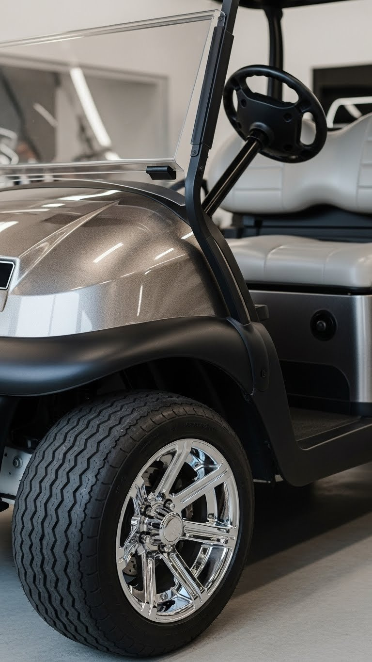 Luxury Golf Cart With Metallic Silver Vinyl Wrap In Modern Showroom Setting With Polished Wheels