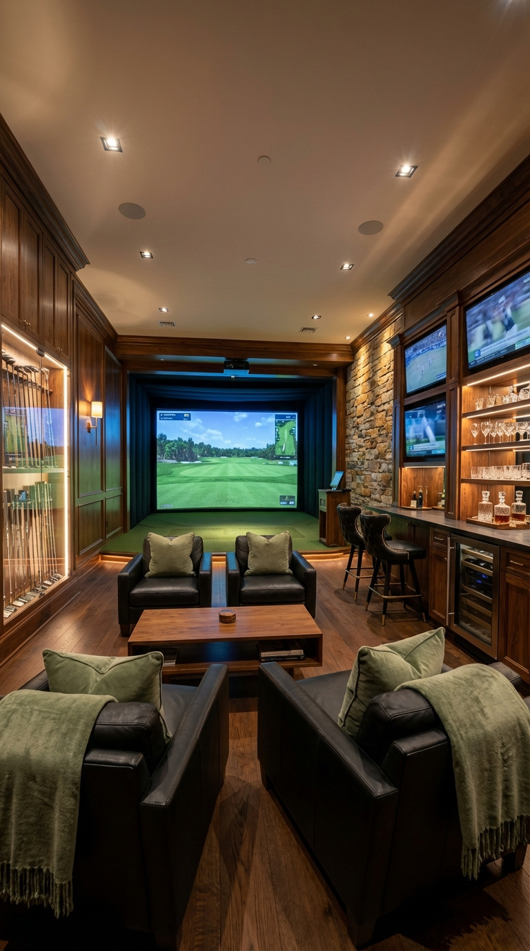 Golf Simulator Room Layout Guide For Perfect Space Planning Luxury Golf Simulator Lounge With Curved Impact Screen, Custom Cabinetry, And Fully Stocked Bar Area