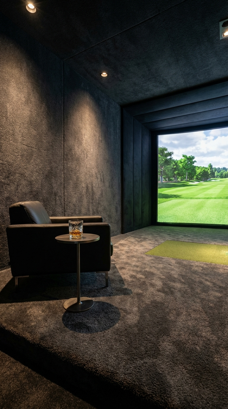 Golf Simulator Room Carpets Complete Buying Guide For Homes Luxury Golf Simulator Room Corner Showing Gray Carpet Seamlessly Transitioning From Floor To Walls And Ceiling