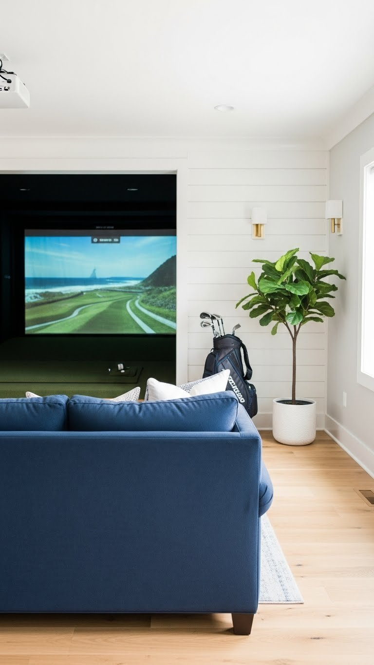 Luxury Home Golf Simulator Room With White Shiplap Accent Wall, Navy Sofa, And Fiddle Leaf Fig Plant Against Light Oak Flooring