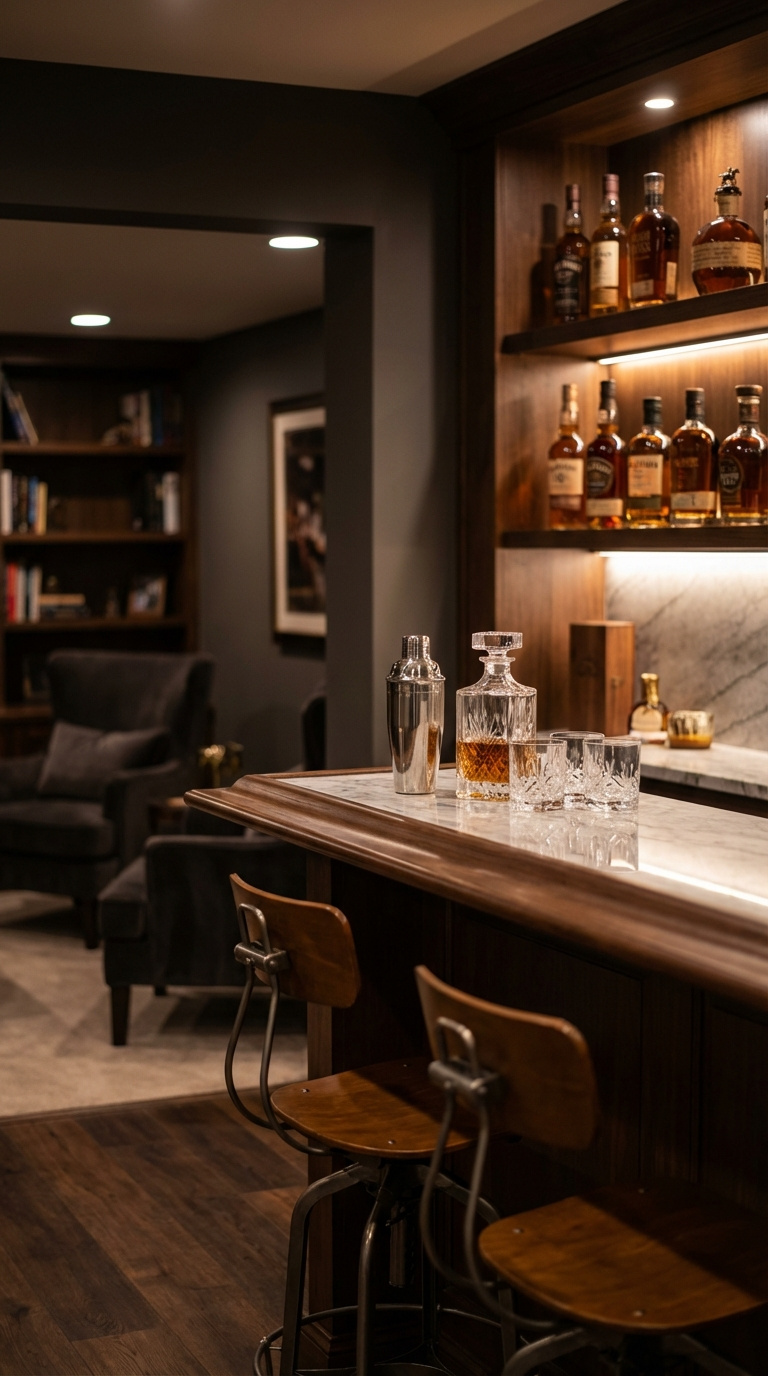 Speak Easy Golf Simulator Room Design Guide For Luxury Homes Luxury Home Speakeasy Bar With Dark Wood, Marble Top, And Backlit Shelving Displaying Premium Liquor Bottles