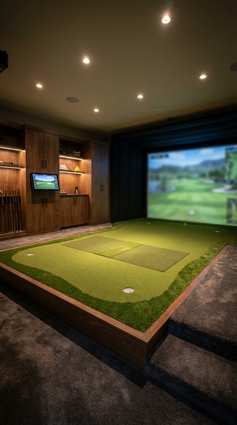 Golf Simulator Room Flooring Complete Buyer Guide For Homes Luxury Integrated Golf Simulator Room With Premium All-In-One Flooring Kit And Custom Cabinetry
