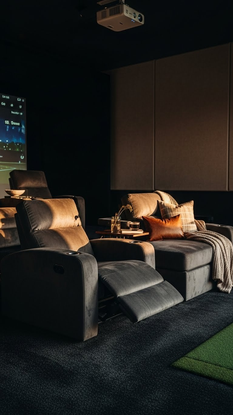 Luxury Theater Seating In Golf Simulator Room With Reclining Chairs And Comfortable Viewing Arrangement