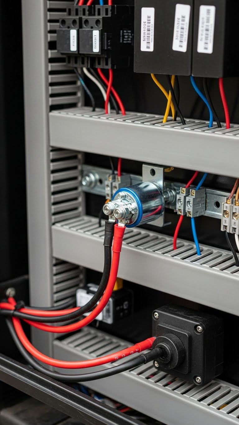 Macro Close-Up Of Heavy-Duty Solenoid With Thick Red Wiring Connections In Golf Cart Electrical Panel Showing Professional Installation.