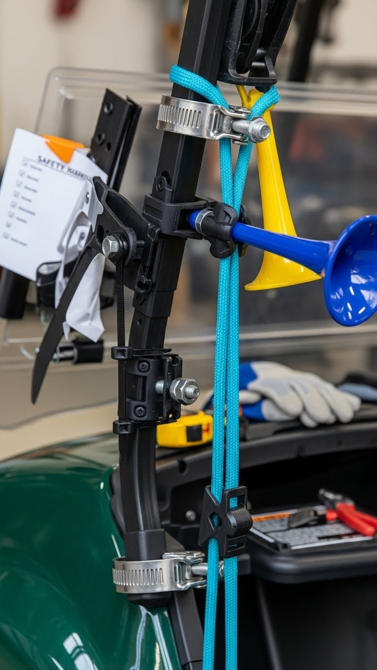Macro Detail Of Golf Cart Attachment Points Showing Heavy-Duty Zip Ties And Secure Mounting Hardware