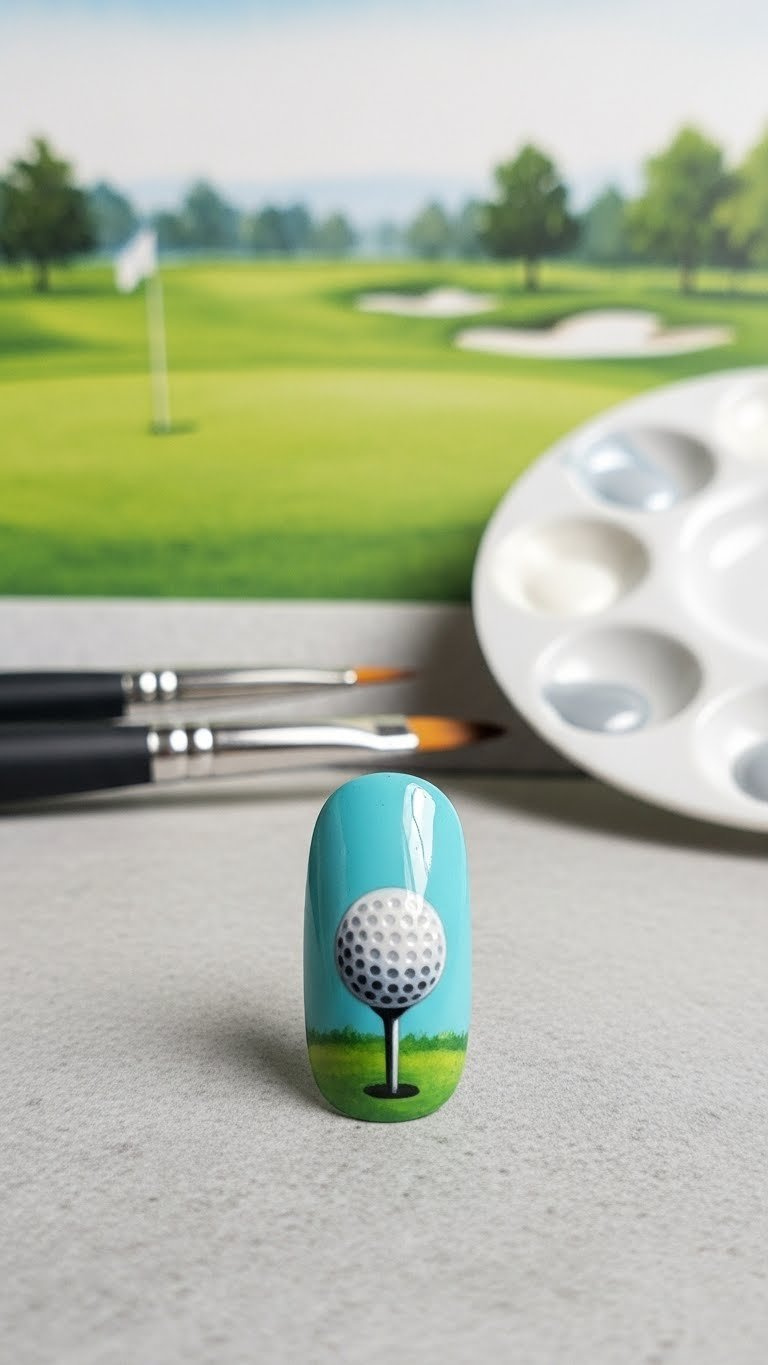 Macro Detail Of Hand-Painted Miniature Golf Ball Design On Colored Nail With Shading And Dimpled Texture