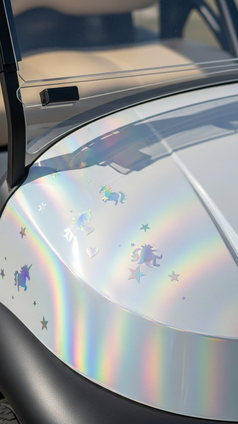 Macro Detail Shot Of Golf Cart Body Panel With Iridescent Vinyl Wrap And Unicorn Decals