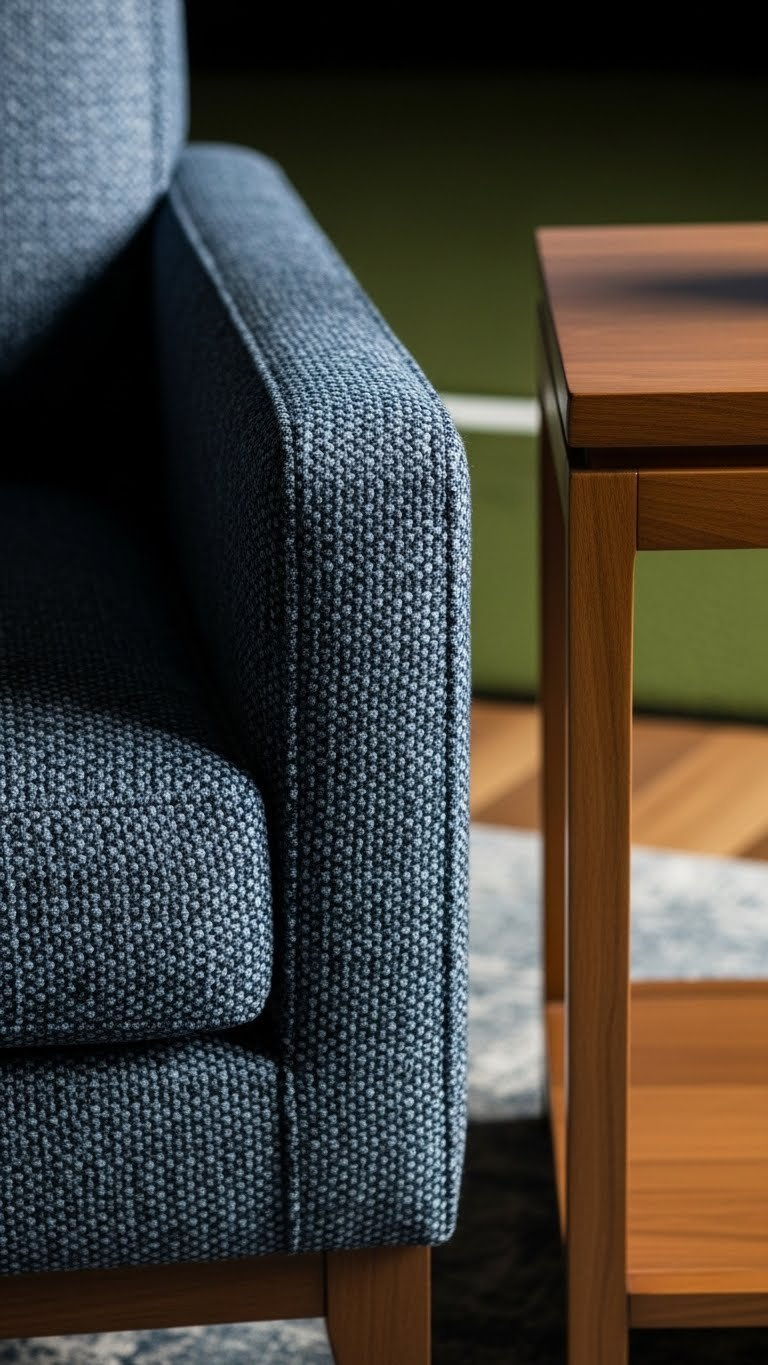 Macro Detail Shot Of High-Quality Upholstery Fabric On Lounge Chair With Wooden Side Table In Golf Simulator Room