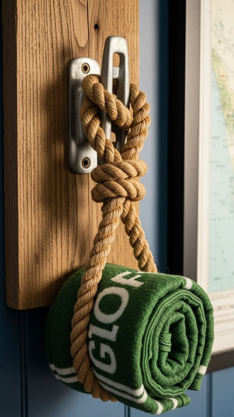 Macro Detail Shot Of Natural Rope Wrapped Around Galvanized Boat Cleat Holding Golf Blanket On Rustic Wood Wall