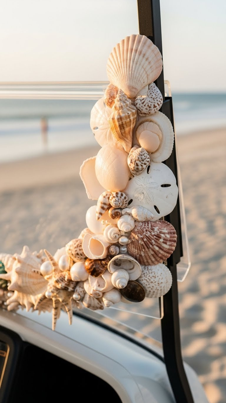 Mermaid Golf Cart Decorating: 13 Proven Diy Ideas Macro Detail Shot Of Real And Faux Seashell Cluster Arrangement On Mermaid Golf Cart Surface
