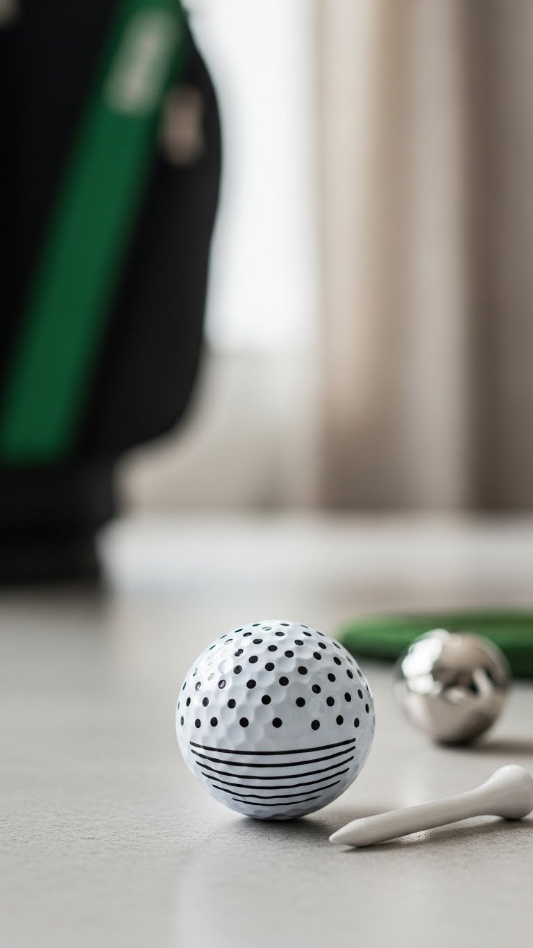 Macro Detail Shot Of White Golf Ball With Minimalist Black Geometric Pattern On Light Grey Stone Surface