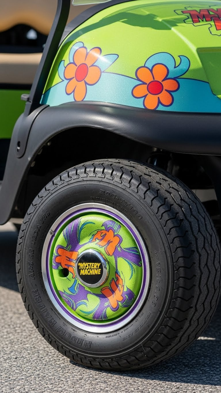 Macro Shot Of A Custom Mystery Machine-Themed Wheel Hubcap On A Golf Cart With Detailed Psychedelic Pattern
