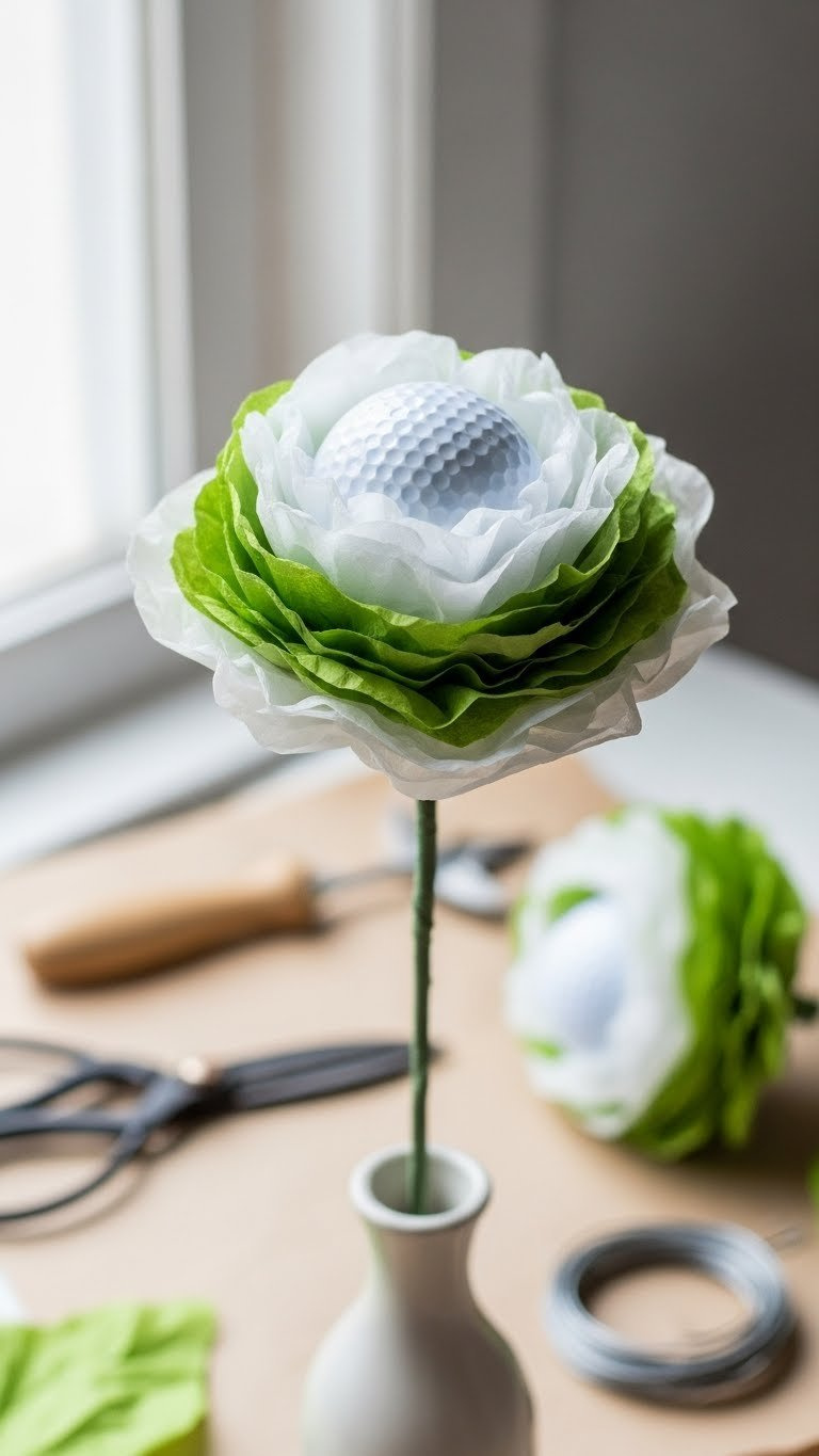 Unique Decorated Golf Ball Bouquet: Easy Diy Gift For Golfers Macro Shot Of A Unique Golf Ball Flower With Green And White Tissue Paper Petals. Diy Golf Craft Project With Floral Tools Background.