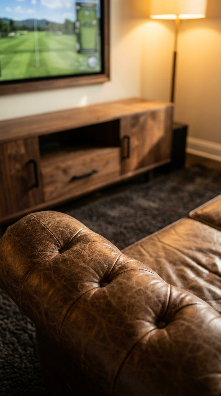 Moody Golf Simulator Room Design Guide For A Luxury Man Cave Macro Shot Of Distressed Leather Chesterfield Sofa With Walnut Media Console In Warm Golden Hour Lighting