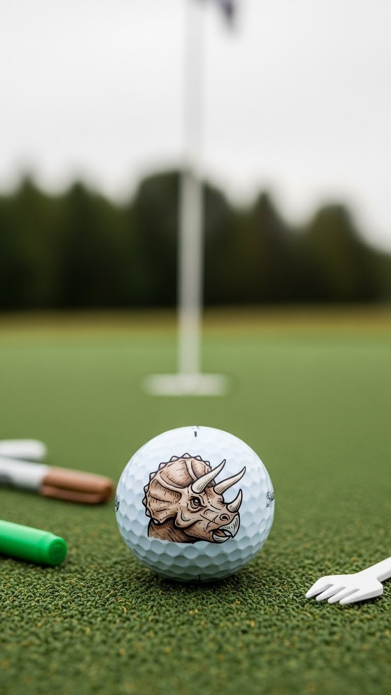 Macro Shot Of Golf Ball With Triceratops Dinosaur Design In Sharpie Marker On Green Putting Mat With Blurred Golf Hole And Flag Background.