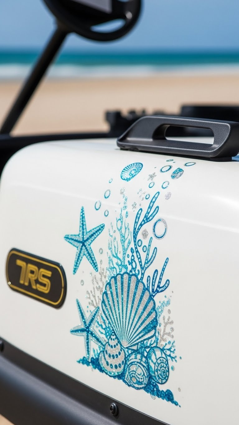 Mermaid Golf Cart Decorating: 13 Proven Diy Ideas Macro Shot Of Shimmering Sea-Themed Decals With Seashells And Starfish On Mermaid Golf Cart Side Panel