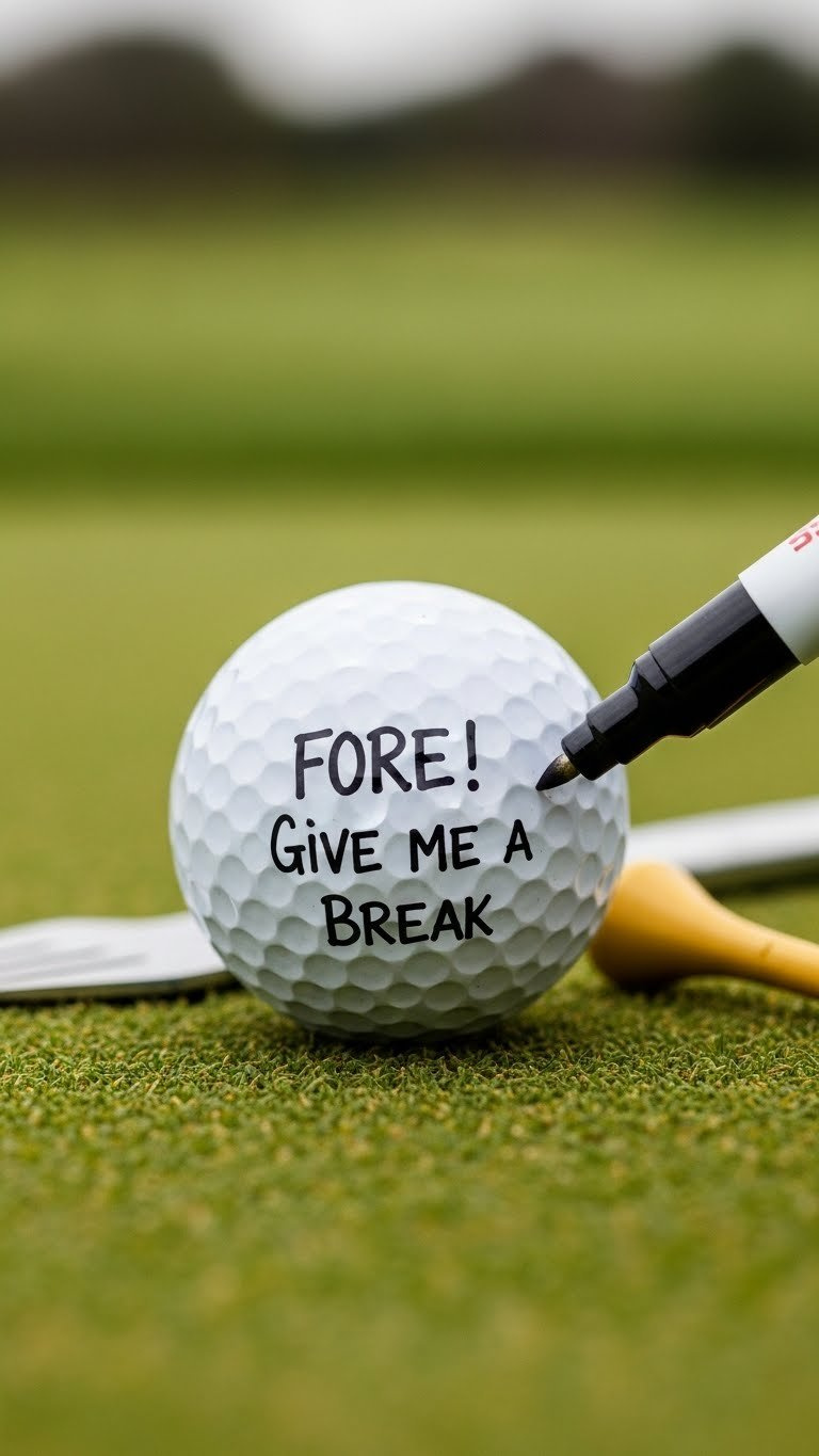 Macro Shot Of White Golf Ball Featuring Playful Black Golf Quote Text On Green Turf Surface With Soft Bokeh Golf Course Backdrop
