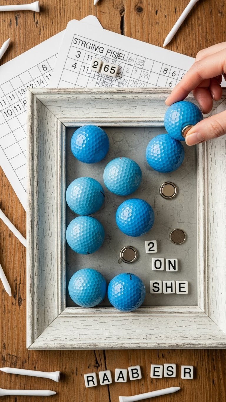 Magnetic Blue Golf Ball Frame Centerpiece On Rustic Wooden Table With Scattered Tees &Amp; Scorecard. Interactive Golf Decor.