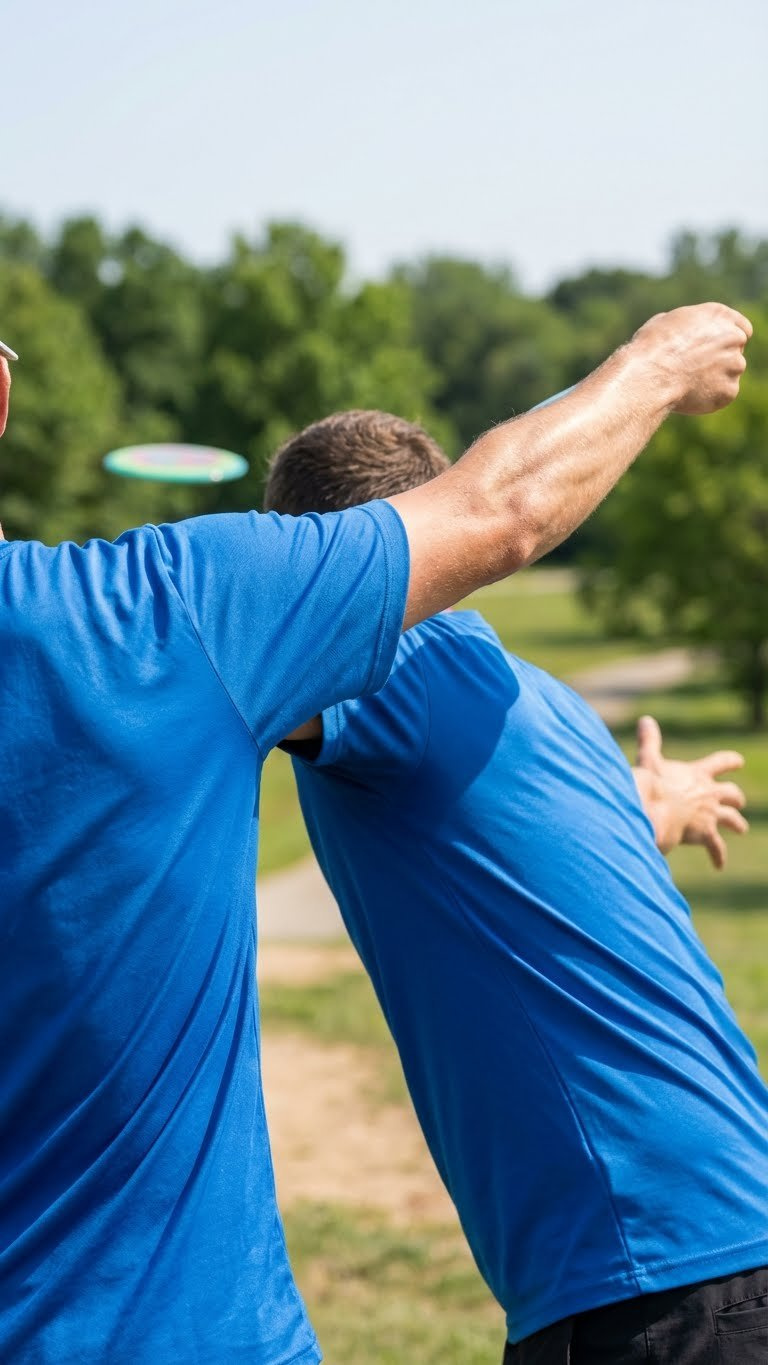 Male Disc Golfer In Vibrant Blue Moisture-Wicking Shirt, Mid-Throw. Ergonomic Fit Shows Full Motion On A Blurred Disc Golf Course With Green Trees.