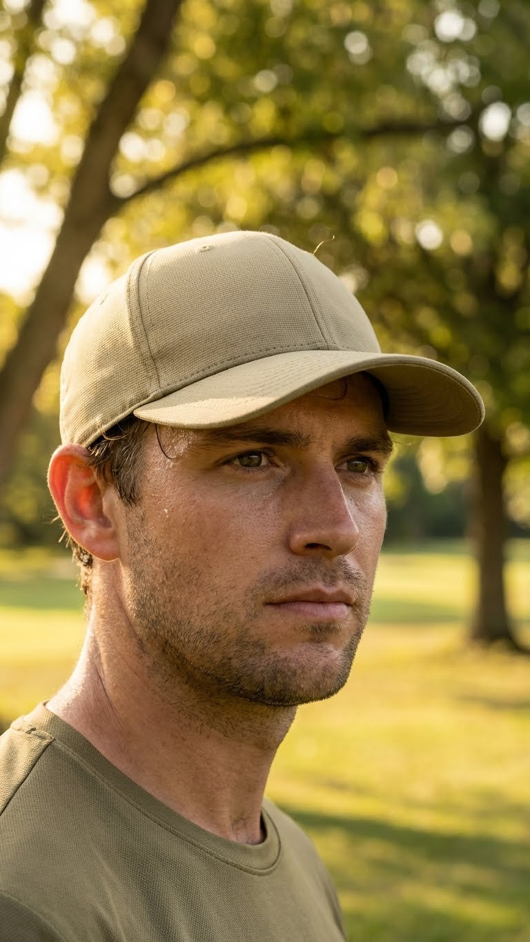 Male Disc Golfer Wearing A White Performance Hat, Casting A Protective Shadow, With A Focused Expression On A Sunny Course.