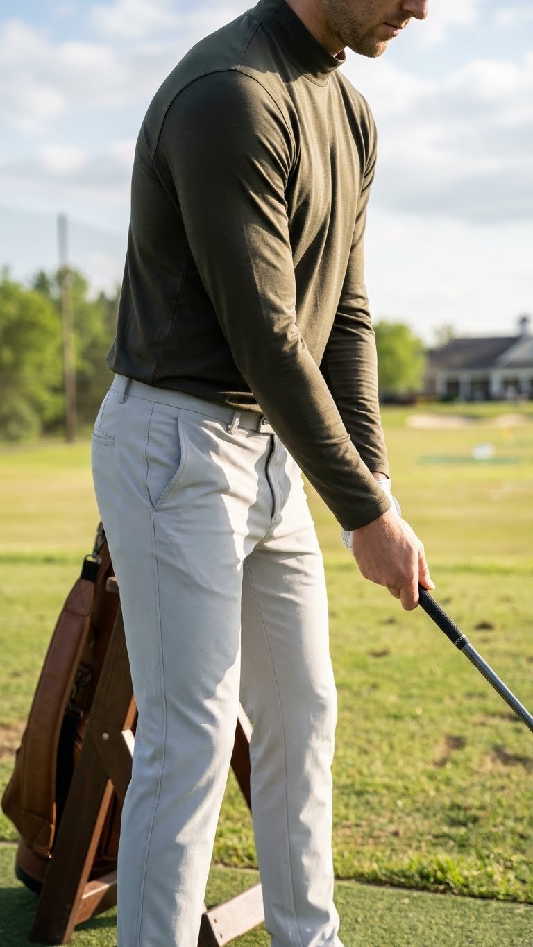 Male Golfer In Black Performance Mock Neck Shirt, Gray Pants, Hitting Ball On Sleek Driving Range.