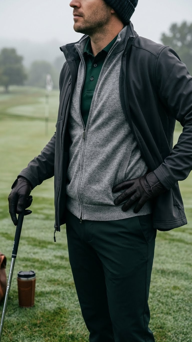Male Golfer In Functional Layered Golf Attire: Polo, Vest, Jacket On A Misty Early Morning Fairway. Transitional Cozy Golf Look.