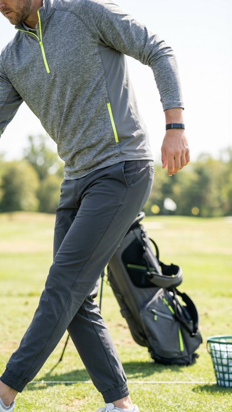 Male Golfer In Performance Golf Joggers, Technical Quarter-Zip Pullover On Driving Range. Athleisure, Freedom Of Movement, Sporty Style.