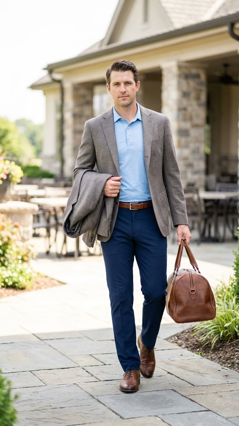 Male Golfer In Smart Casual Golf Attire: Tailored Trousers, Polo, Blazer Draped. Upscale, Professional Clubhouse Look For Tournaments.