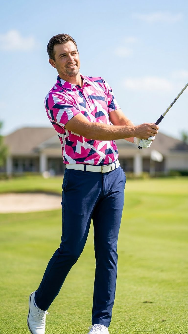 Male Golfer In Vibrant Patterned Golf Polo And Contrasting Shorts, Showcasing Bold Golf Fashion. White Belt, Shoes, Clubhouse Background.