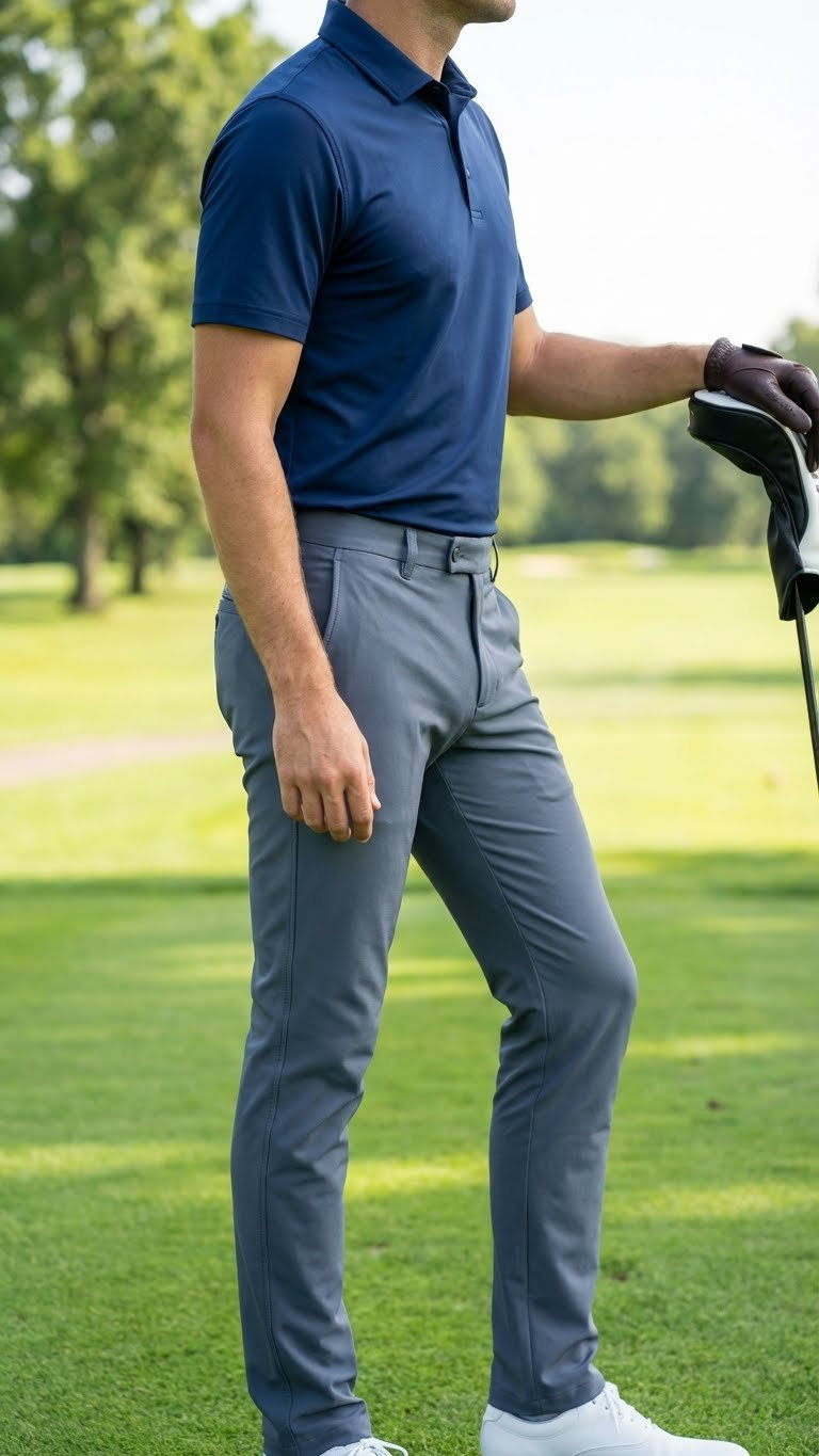 Male Golfer Wears Sleek Tailored Gray Golf Pants, Navy Performance Polo On Tee Box. Modern Golf Fashion, Technical Fabric, Pristine Course.