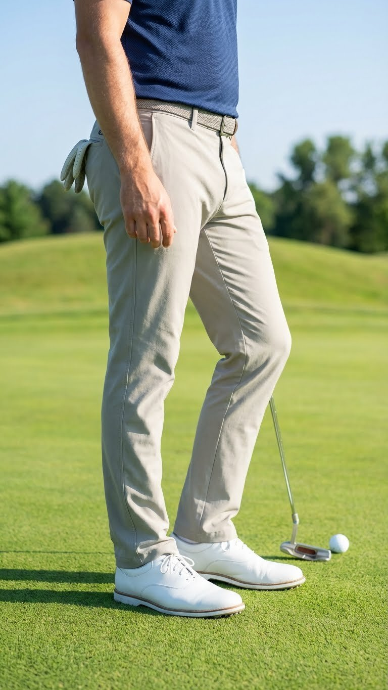Man In A Classic Golf Outfit With A Navy Polo, Khaki Pants, And White Shoes On A Lush Green Course.