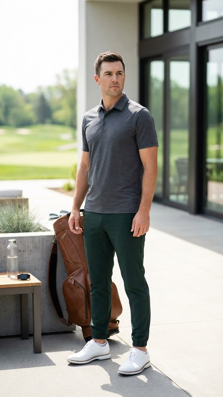 Man In A Modern Athleisure Golf Outfit With A Charcoal Polo, Dark Joggers, And Spikeless Shoes.
