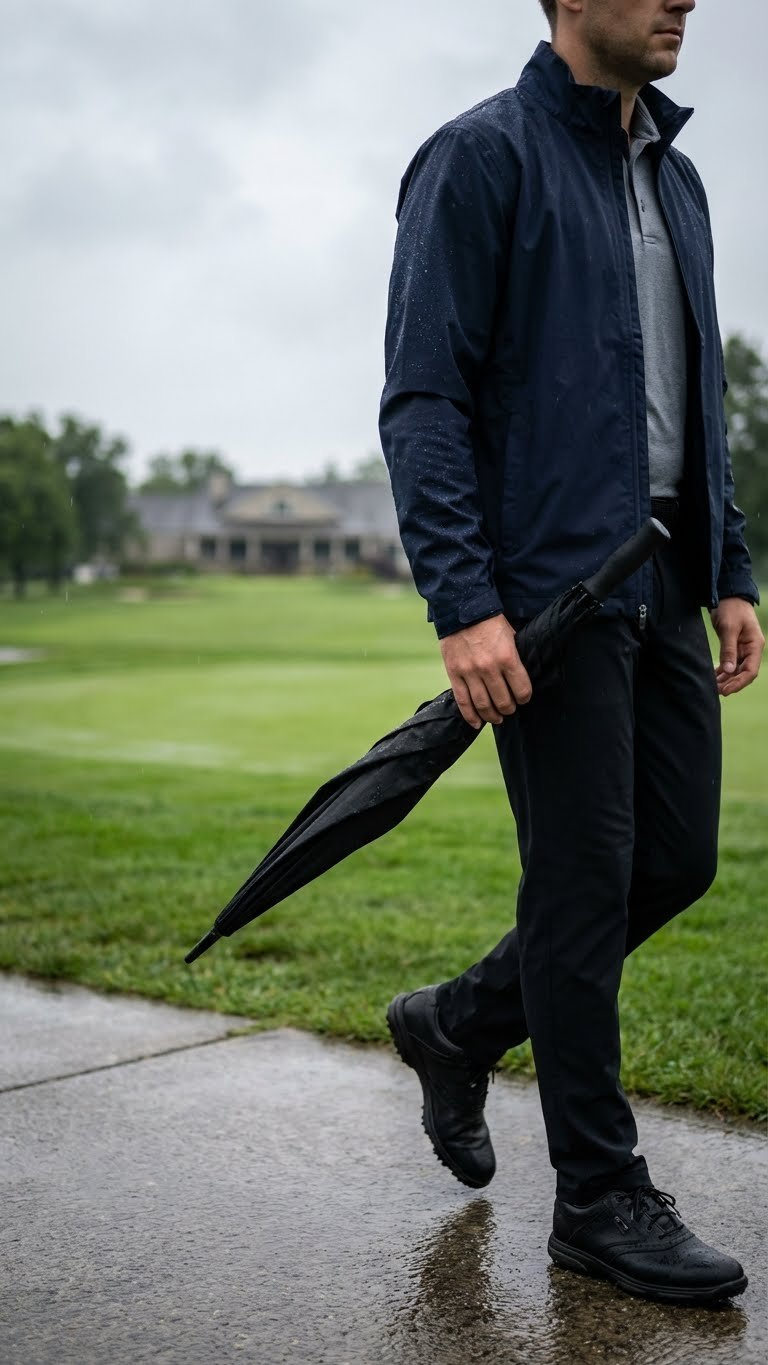 Man In Lightweight Golf Rain Jacket, Performance Polo, Waterproof Shoes, Umbrella On A Damp Golf Course.