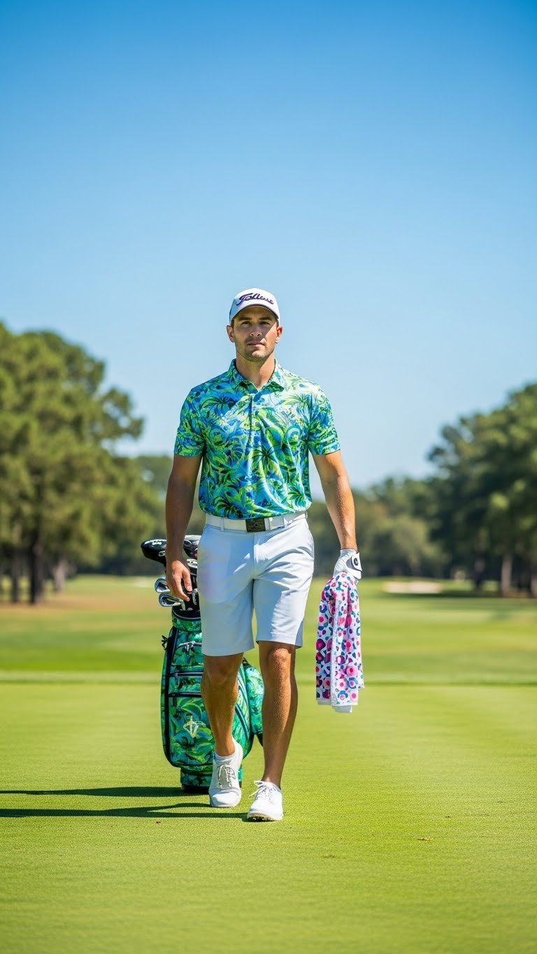 Man Making A Statement In A Bold, Patterned Golf Polo And Solid White Shorts On The Fairway.