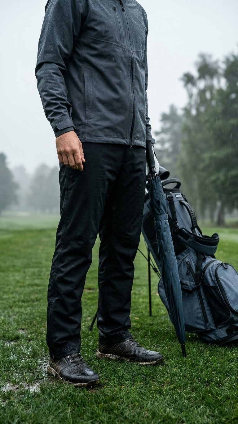 Man Wearing A Black Waterproof Golf Jacket And Pants, A Complete Rainy Day Outfit For The Course.