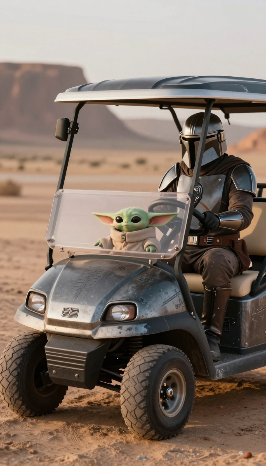 Mandalorian And Grogu Themed Golf Cart With Beskar Finish And Desert Landscape Backdrop During Golden Hour